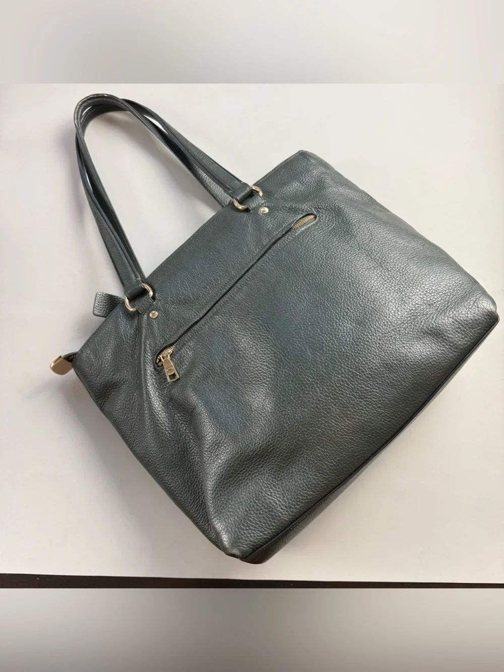Coach Pebbled Leather Zip Top Tote Shoulder Bag Dark Green Gold Hardware